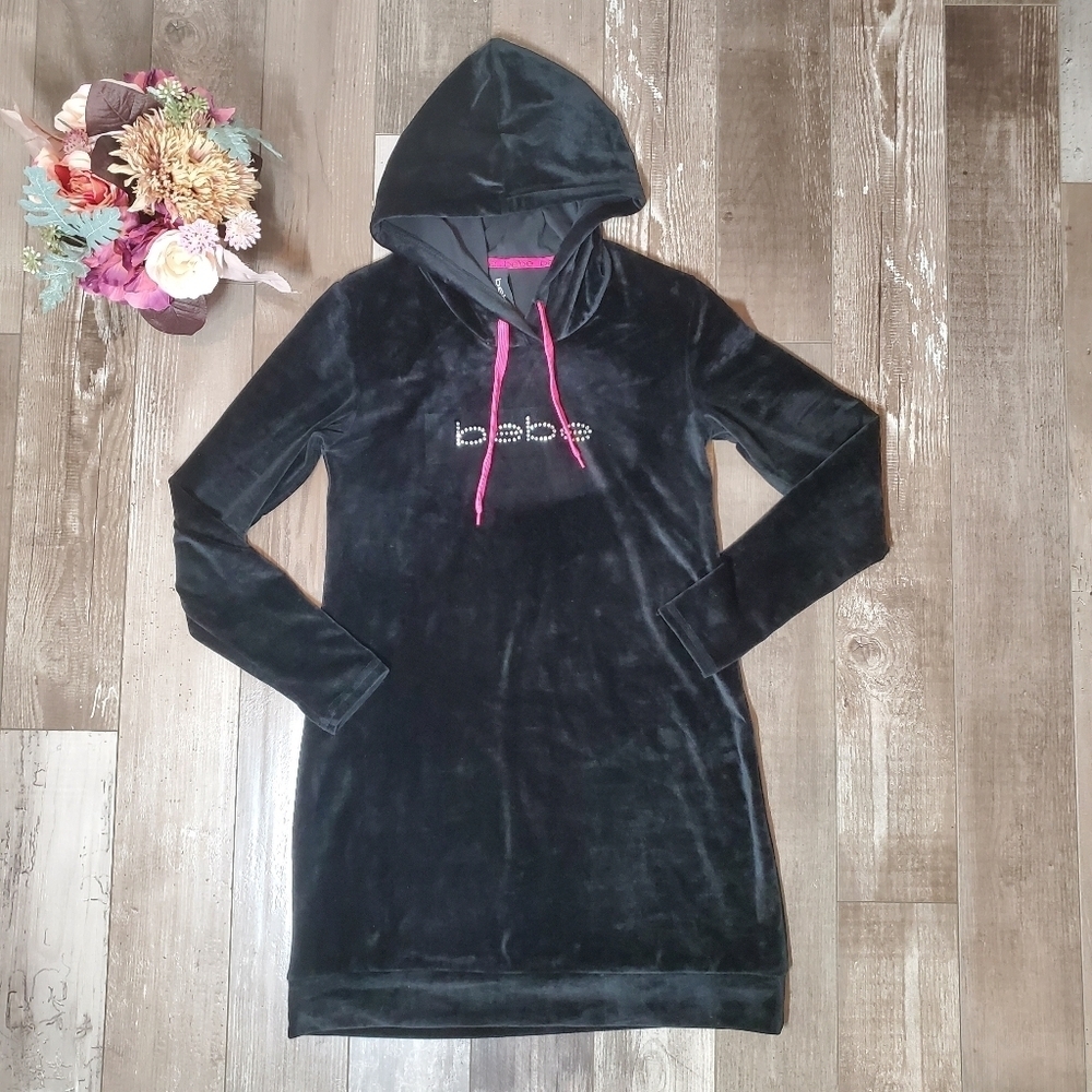 Bebe Women's Black and Pink Rhinestone Sleepwear Dress Velour Size Medium - Picture 3 of 17